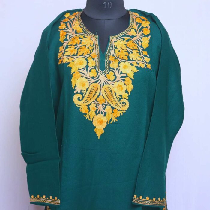 Green Lyodur Winter Kurta with Ari Embroidery