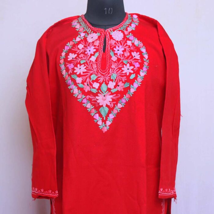 Red Poshbahar Winter Kurta with Ari Embroidery - Image 2