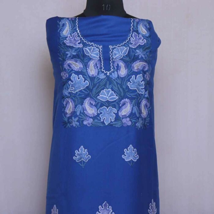 Blue Chinar booti Kashmiri Woolen Spun Suit With Aari Embroidery - Image 2