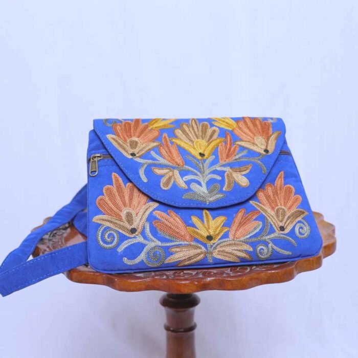 Blue Seude Kashmiri Sling Bag With Ari Embroidery