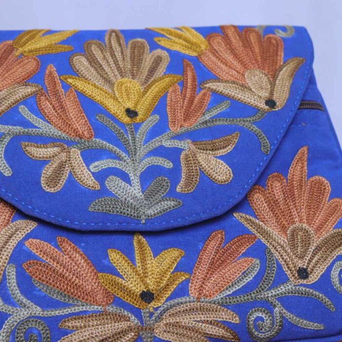 Blue Seude Kashmiri Sling Bag With Ari Embroidery - Image 2