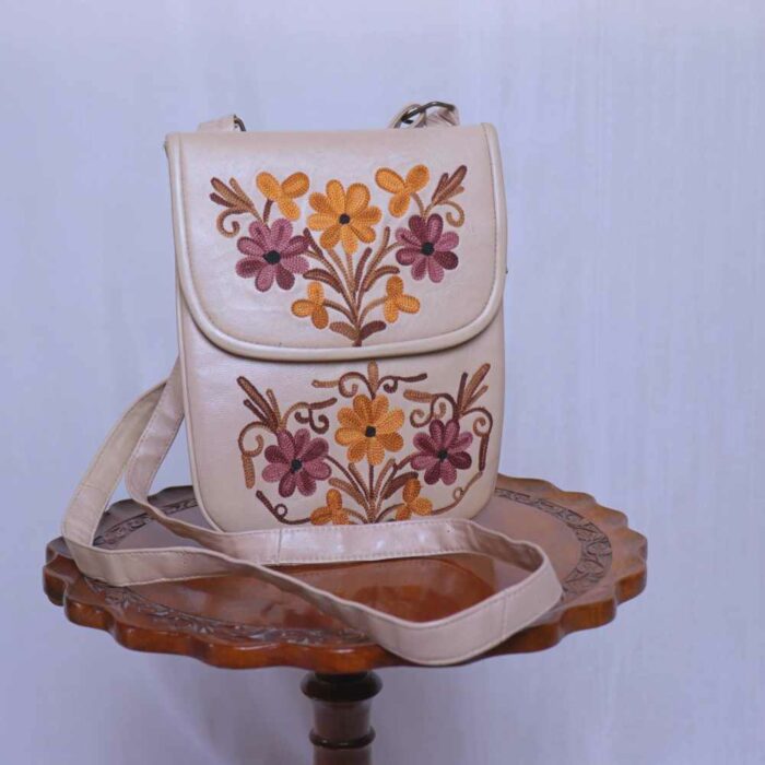 Beige Leather Kashmiri Sling Bag with Ari