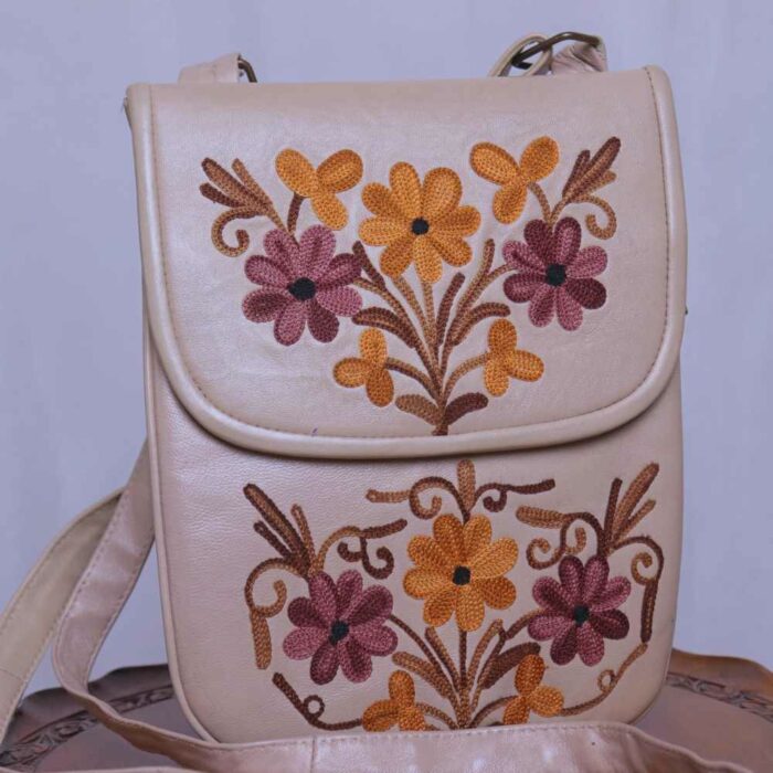 Beige Leather Kashmiri Sling Bag with Ari - Image 4