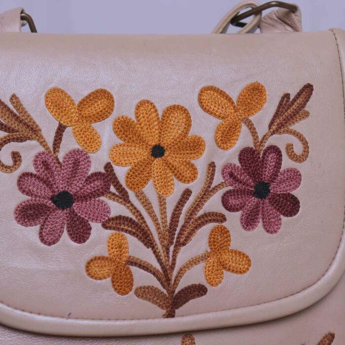 Beige Leather Kashmiri Sling Bag with Ari - Image 2