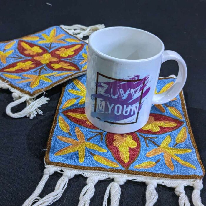 Set of 2 Blue Chainstitch Kashmiri Coasters