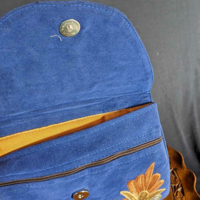 Blue Seude Kashmiri Sling Bag With Ari Embroidery - Image 3