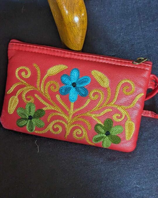 Red Kashmiri Aari Embroidery Leather Pouch
