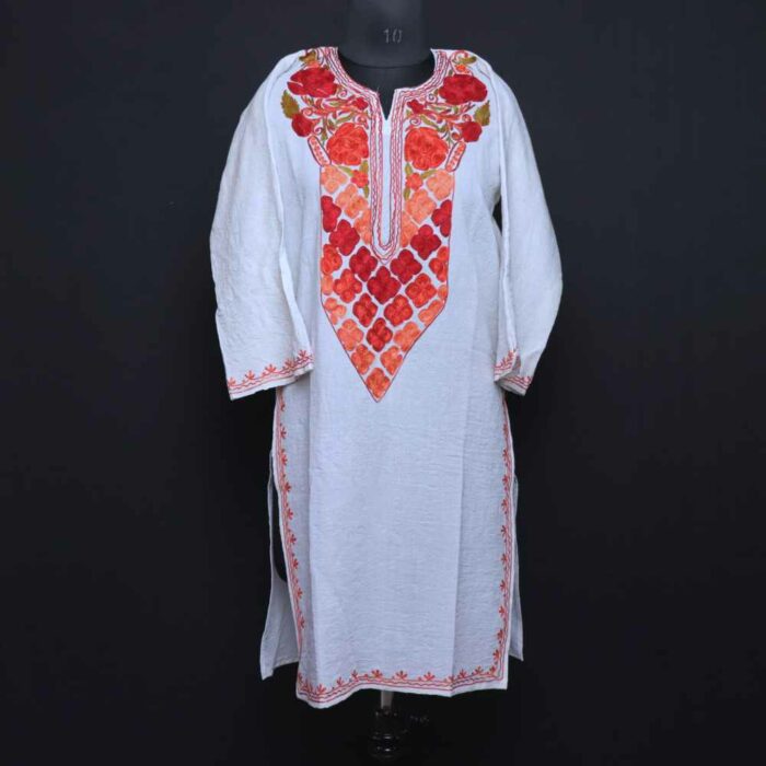 White Aftaab Crush Cotton Kashmiri Kurti with Ari Embroidery
