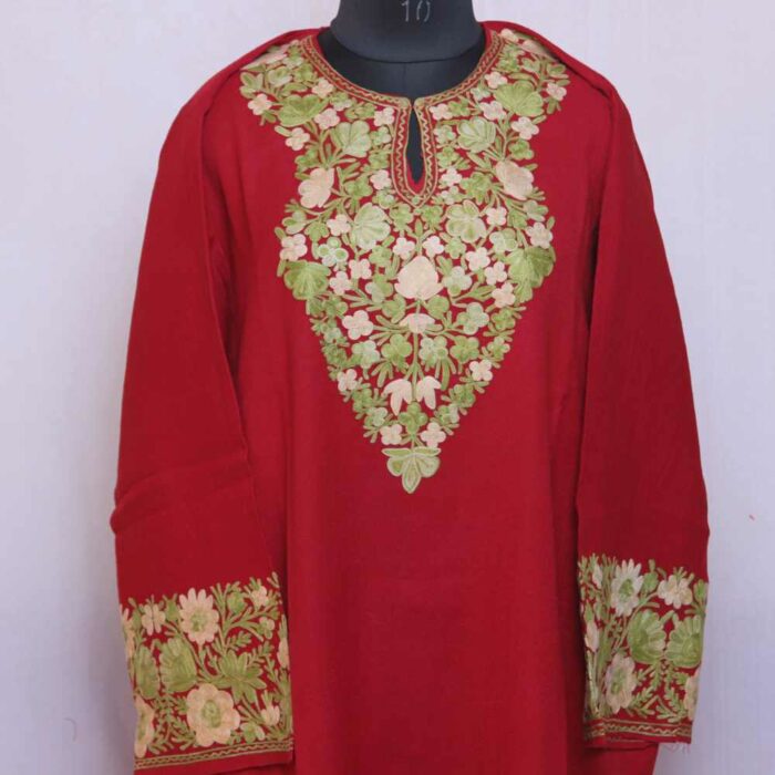 Maroon Sabz Posh Kashmiri Raffal Pheran with Border Ari work - Image 2