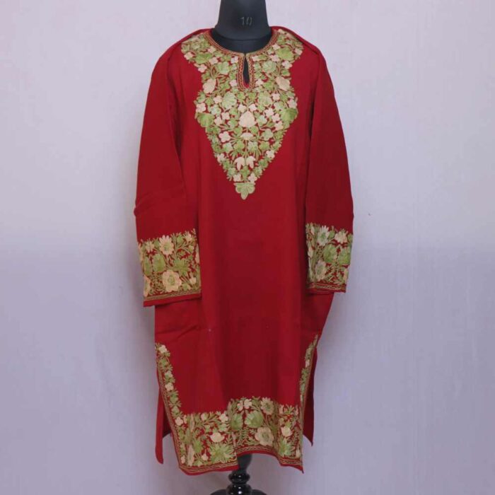 Maroon Sabz Posh Kashmiri Raffal Pheran with Border Ari work