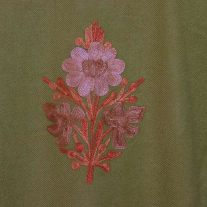 Mustard Green Poshbaagh Aftaab Kashmiri Raffal Pheran with Border Ari work - Image 4
