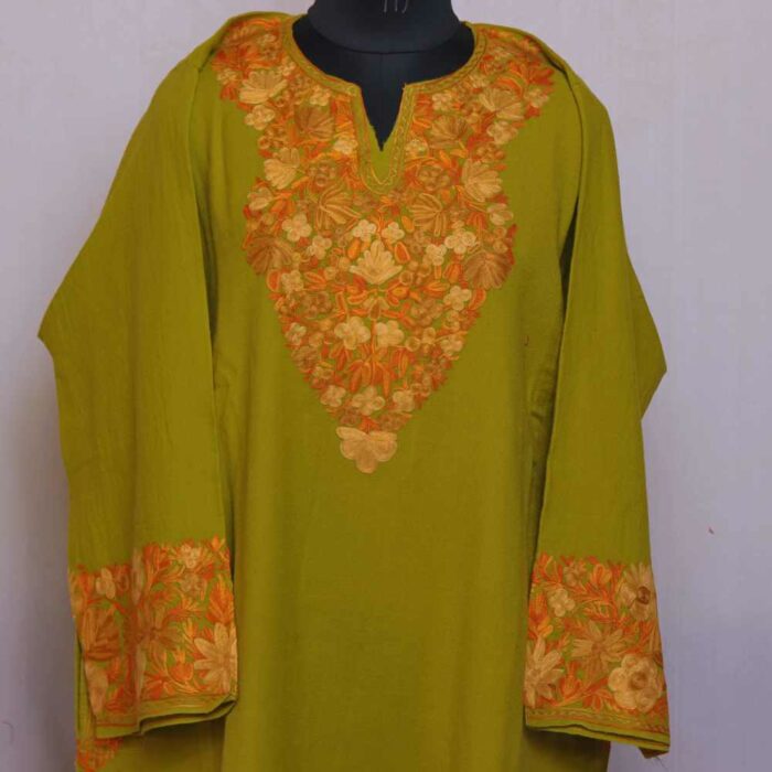 Mustard Green Poshbaagh Aftaab Kashmiri Raffal Pheran with Border Ari work - Image 2