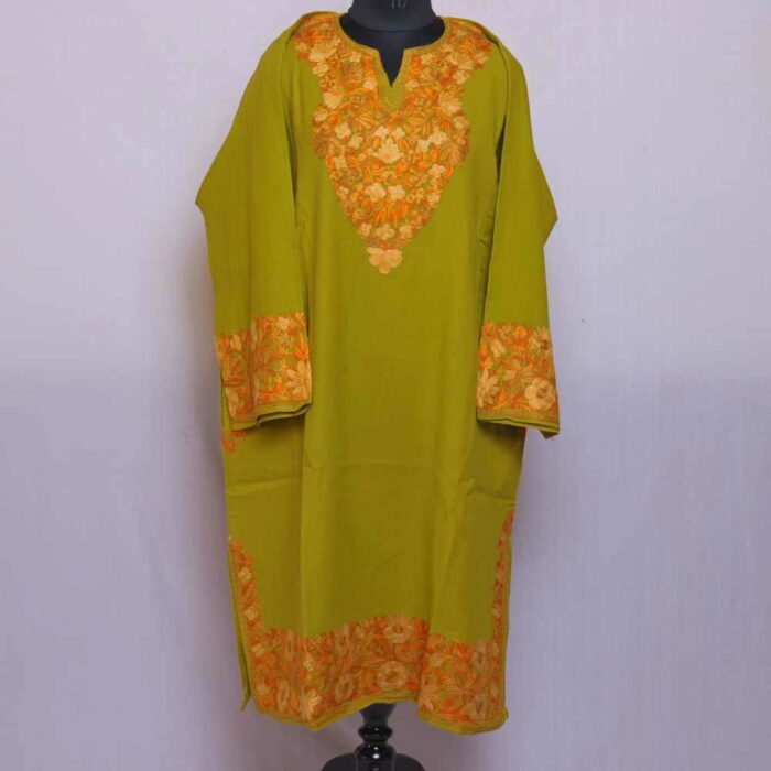Mustard Green Poshbaagh Aftaab Kashmiri Raffal Pheran with Border Ari work
