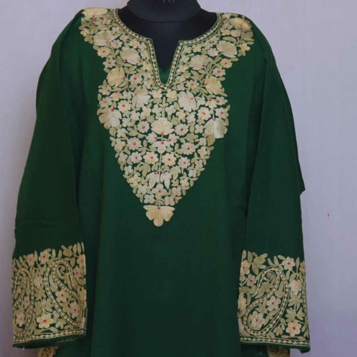 Green Posh Wazul Nukhta Kashmiri Raffal Pheran with Border Ari work - Image 2