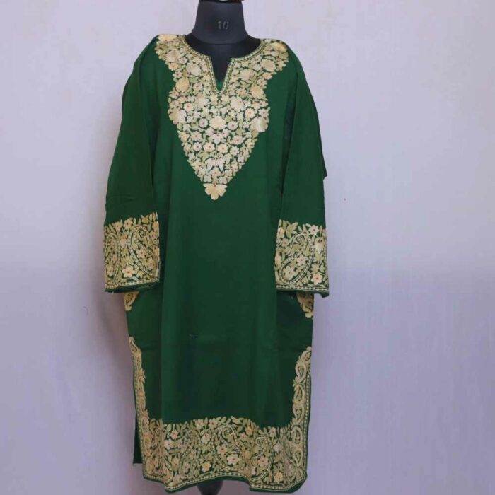Green Posh Wazul Nukhta Kashmiri Raffal Pheran with Border Ari work