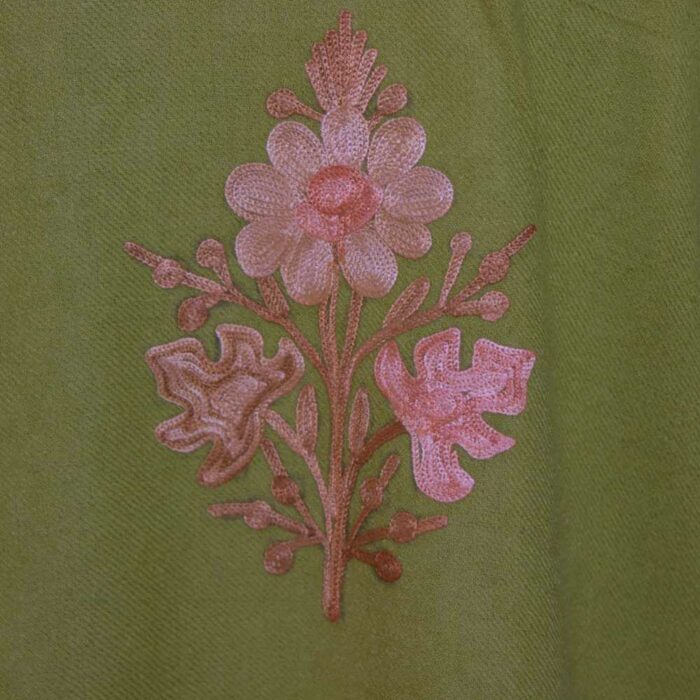 Mustard Green Badaami Kashmiri Raffal Pheran with Border Ari work - Image 4