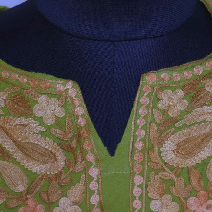 Mustard Green Badaami Kashmiri Raffal Pheran with Border Ari work - Image 3