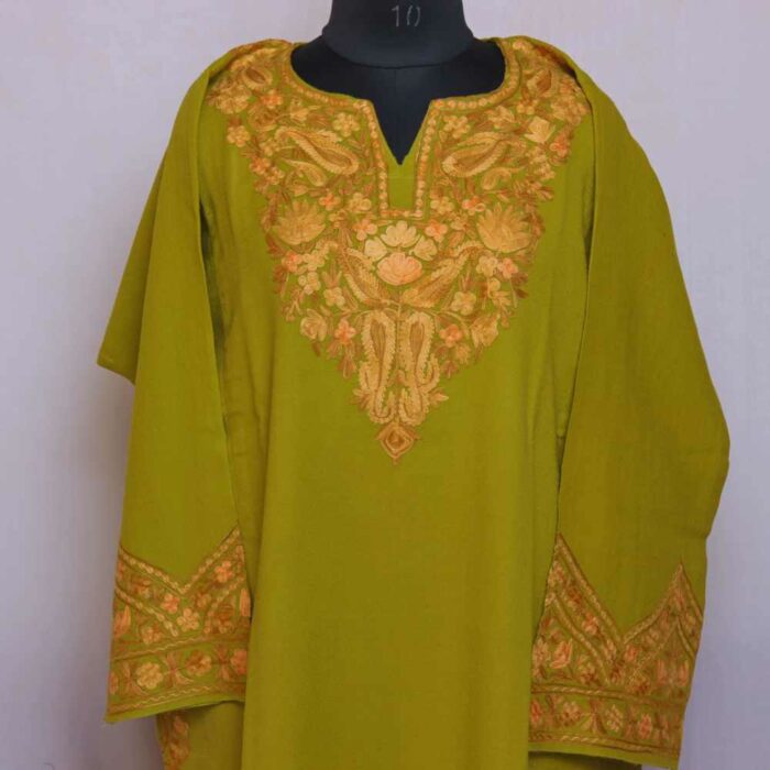 Mustard Green Badaami Kashmiri Raffal Pheran with Border Ari work - Image 2