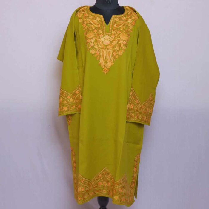 Mustard Green Badaami Kashmiri Raffal Pheran with Border Ari work