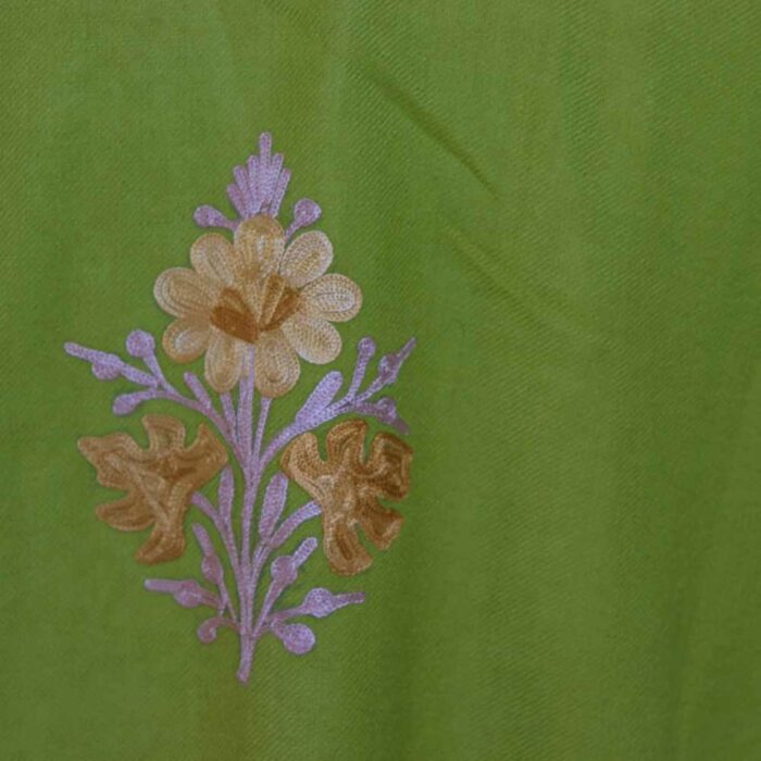 Mustard Green Light Poshbaagh Kashmiri Raffal Border work Ari Pheran - Image 4