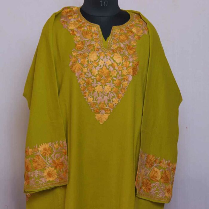 Mustard Green Light Poshbaagh Kashmiri Raffal Border work Ari Pheran - Image 2