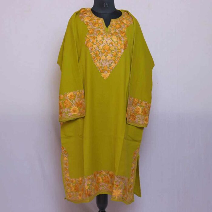 Mustard Green Light Poshbaagh Kashmiri Raffal Border work Ari Pheran