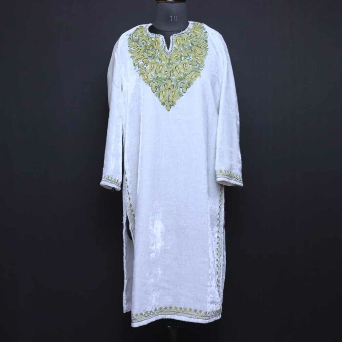 White Sabz Chinari Velvet Kashmiri Kurti with ari Embroidery