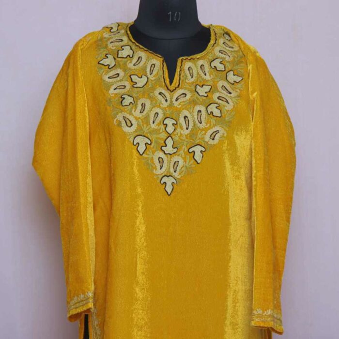 Yellow Badami Velvet Kashmiri Kurti with ari Embroidery - Image 2