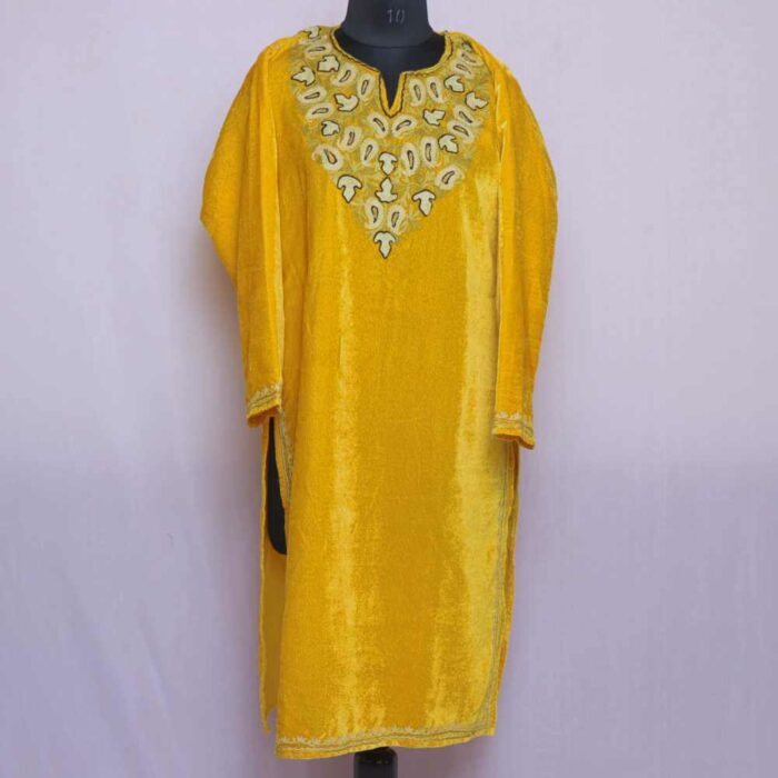 Yellow Badami Velvet Kashmiri Kurti with ari Embroidery