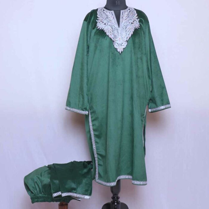 Bottle Green Velvet Phiran Co-ord Set with Tilla
