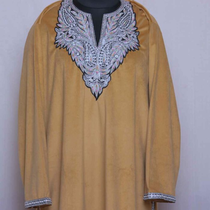 Light Yellow Velvet Kashmiri Phiran Co-ord Set with Tilla - Image 3