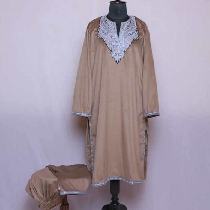 Light brown Velvet Phiran Co-ord Set with Tilla