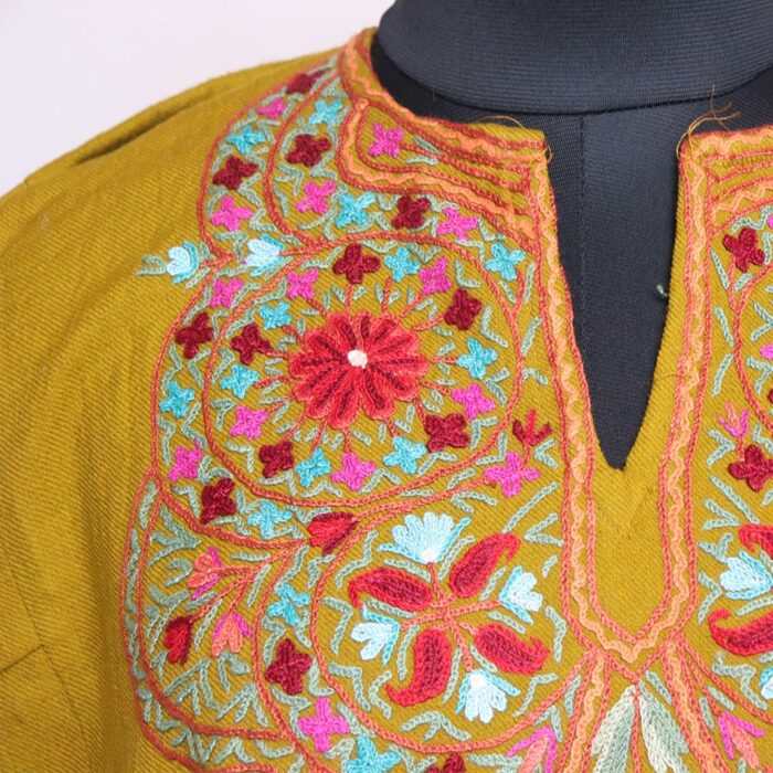 Mustard Aari Handwork Raffal Pheran - Image 3