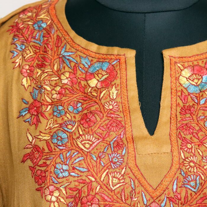Light Mustard Handwork Sozni Raffal Pheran with Stole - Image 3