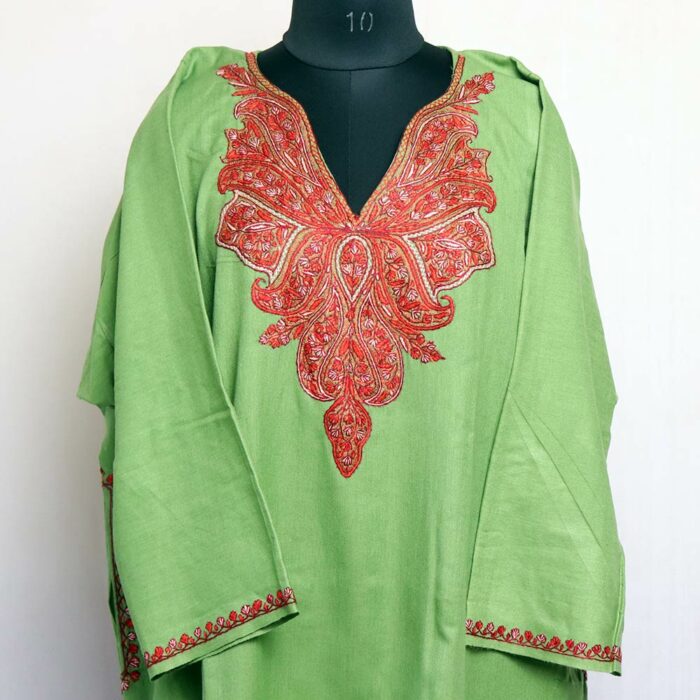 Sabz Handwork Sozni Raffal Pheran with Stole - Image 3