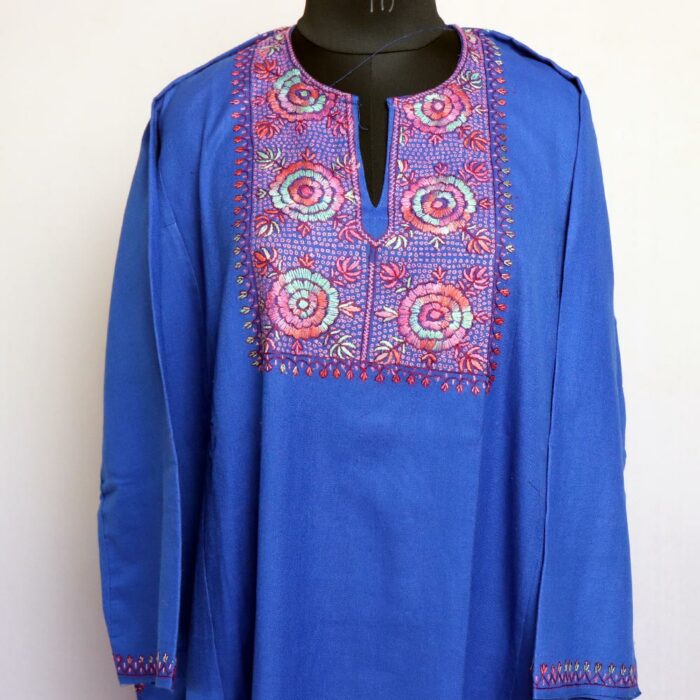 Blue Handwork Sozni Raffal Pheran with Stole - Image 2