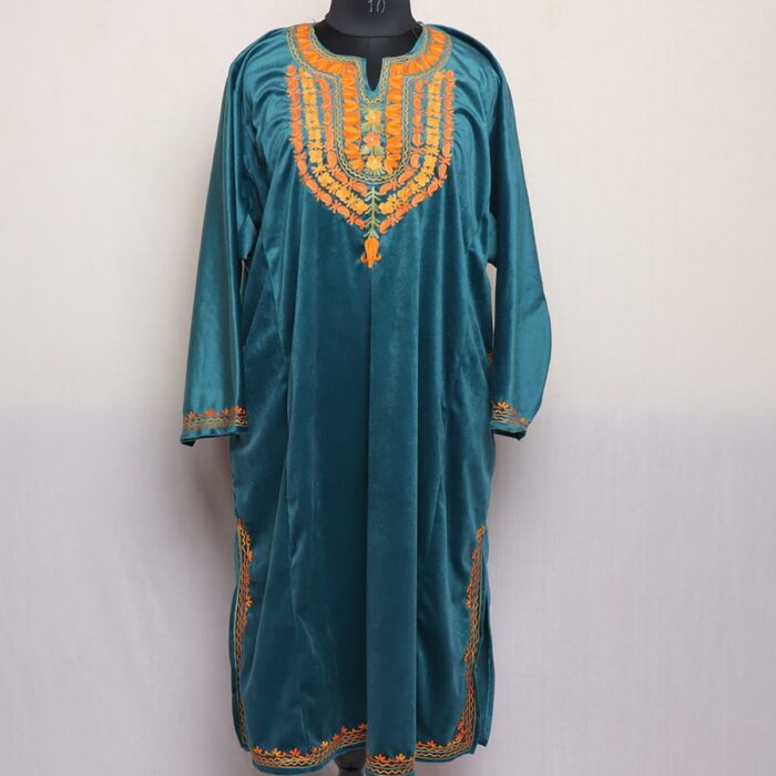 Crystal Teal Aari Velvet Pheran - Image 3