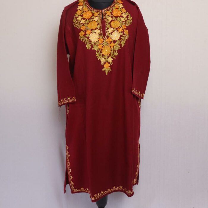 Maroon Floral Cashmilon Aari Pheran - Image 2