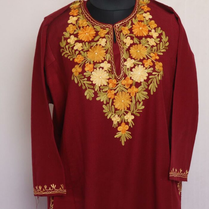 Maroon Floral Cashmilon Aari Pheran