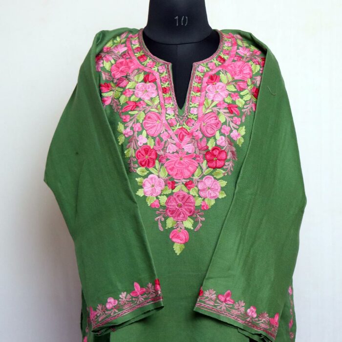 Dark Green Aari Raffal Pheran with Stole