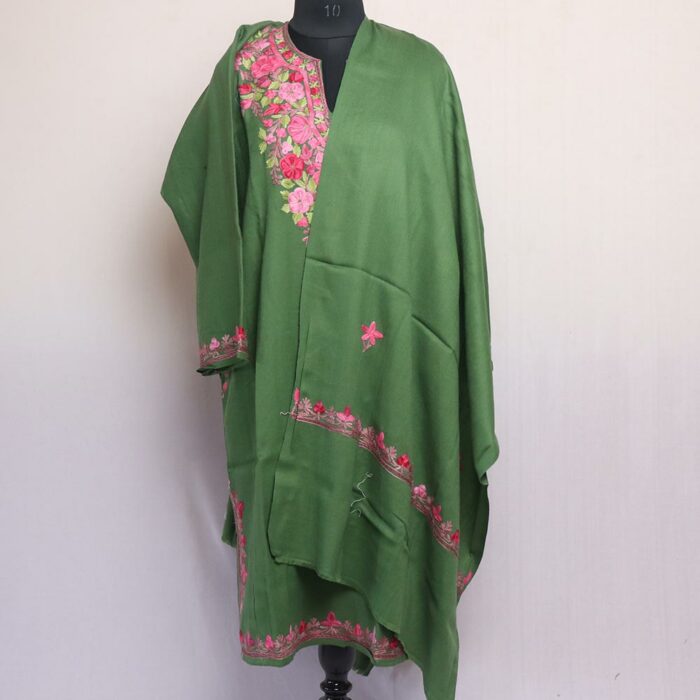 Dark Green Aari Raffal Pheran with Stole - Image 3