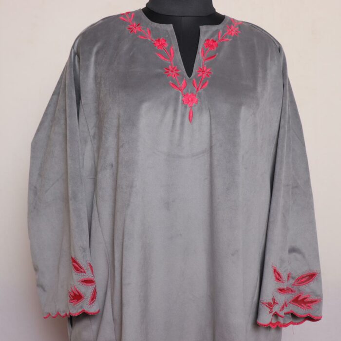 Grey Velvet Cutwork Pheran - Image 2