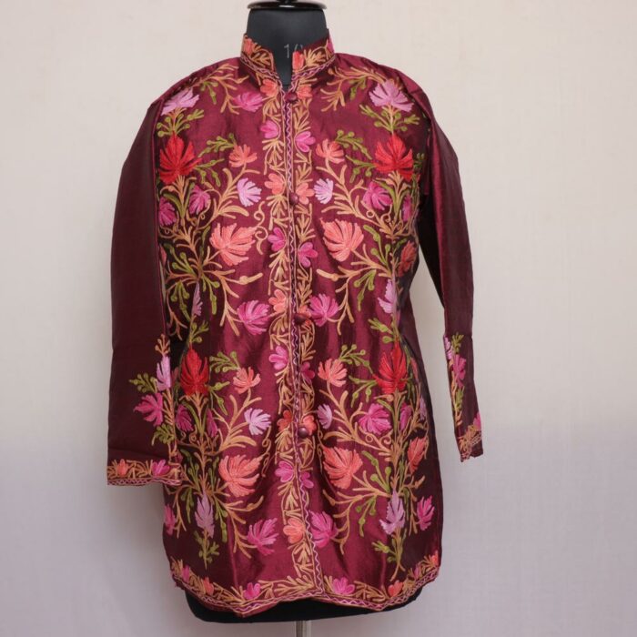 Maroon Chinari Silk Aari Short Jacket