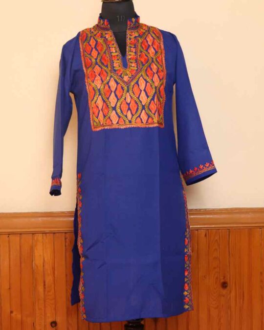 Dark Blue Summer Cool Multi Color Aari Work Kurta with Collar