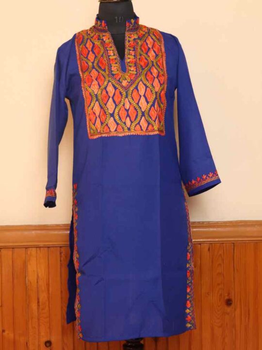 Dark Blue Summer Cool Multi Color Aari Work Kurta with Collar
