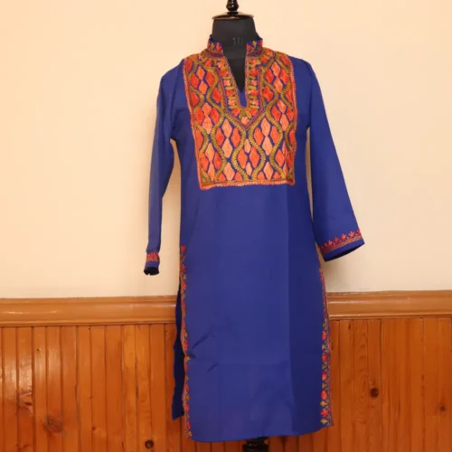 Dark Blue Summer Cool Multi Color Aari Work Kurta with Collar