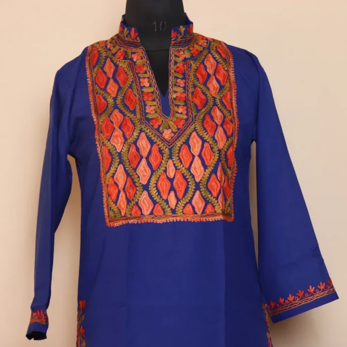 Dark Blue Summer Cool Multi Color Aari Work Kurta with Collar - Image 2