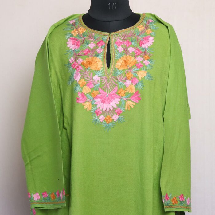 Green Aari Raffal Pheran with Stole