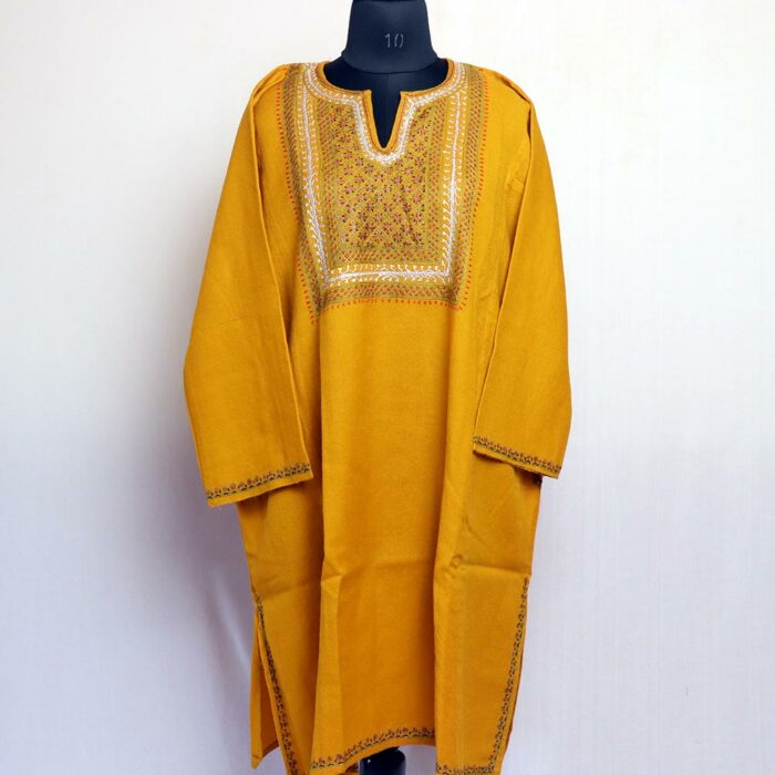Light Mustard Handwork Tilla and Sozni Raffal Pheran with Stole