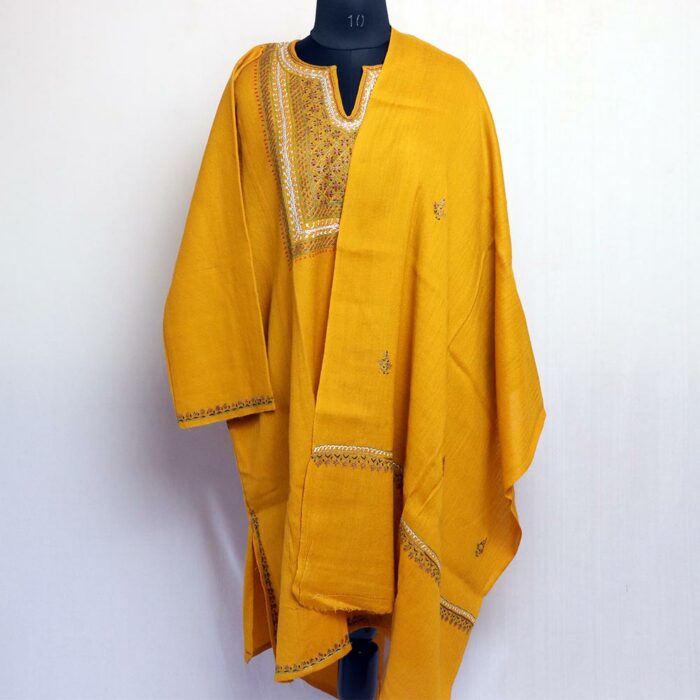 Light Mustard Handwork Tilla and Sozni Raffal Pheran with Stole - Image 2
